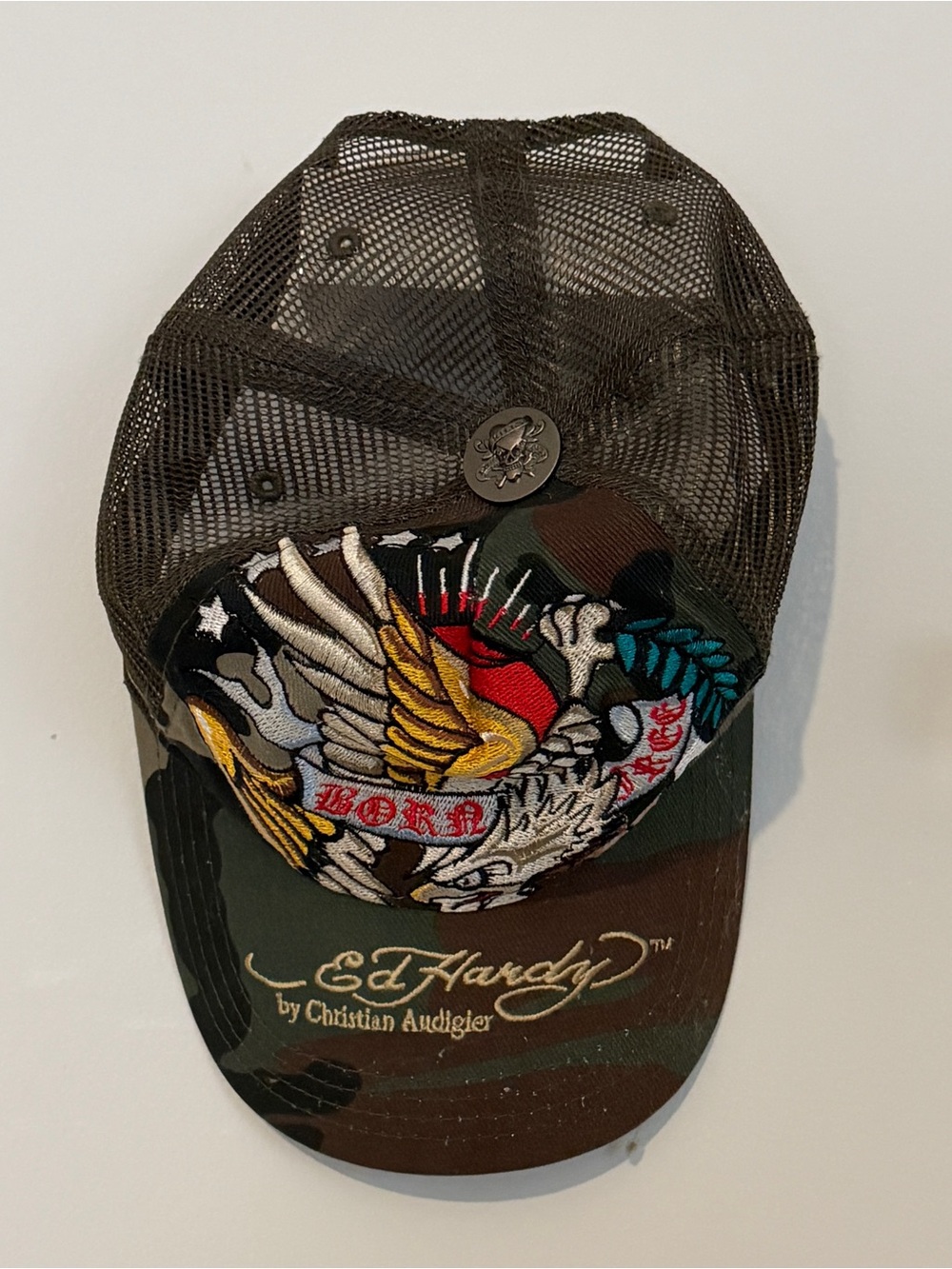 Ed Hardy by Christian Audigier Brown Camo Trucker Hat with Embroidered Eagle